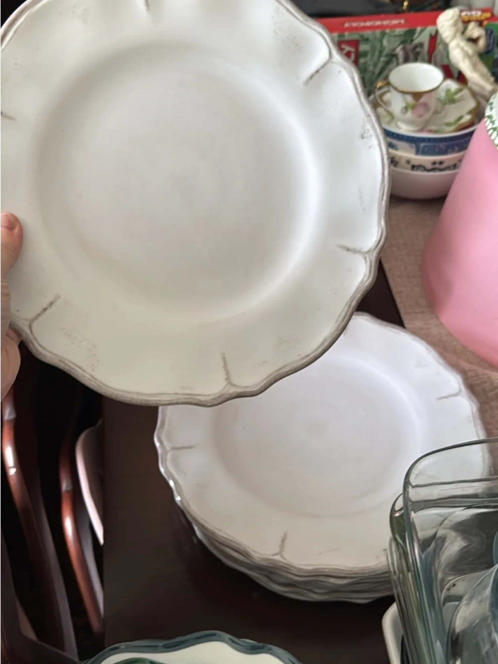 Mixed melamine opal house Plates in Green, Pink, Blue, and White & 2 ceramic